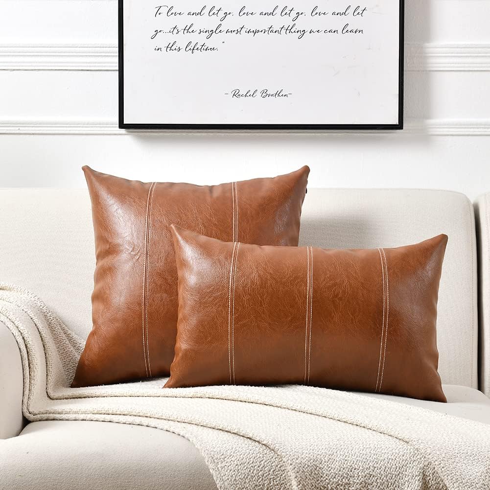 Fancy Homi Brown Boho Long Lumbar Faux Leather Decorative Throw Pillow Covers 14x20 Inch for Living Room Couch Bed Sofa, Hand Stitched Rectangle Cushion Case, Rustic Modern Farmhouse Home Decor