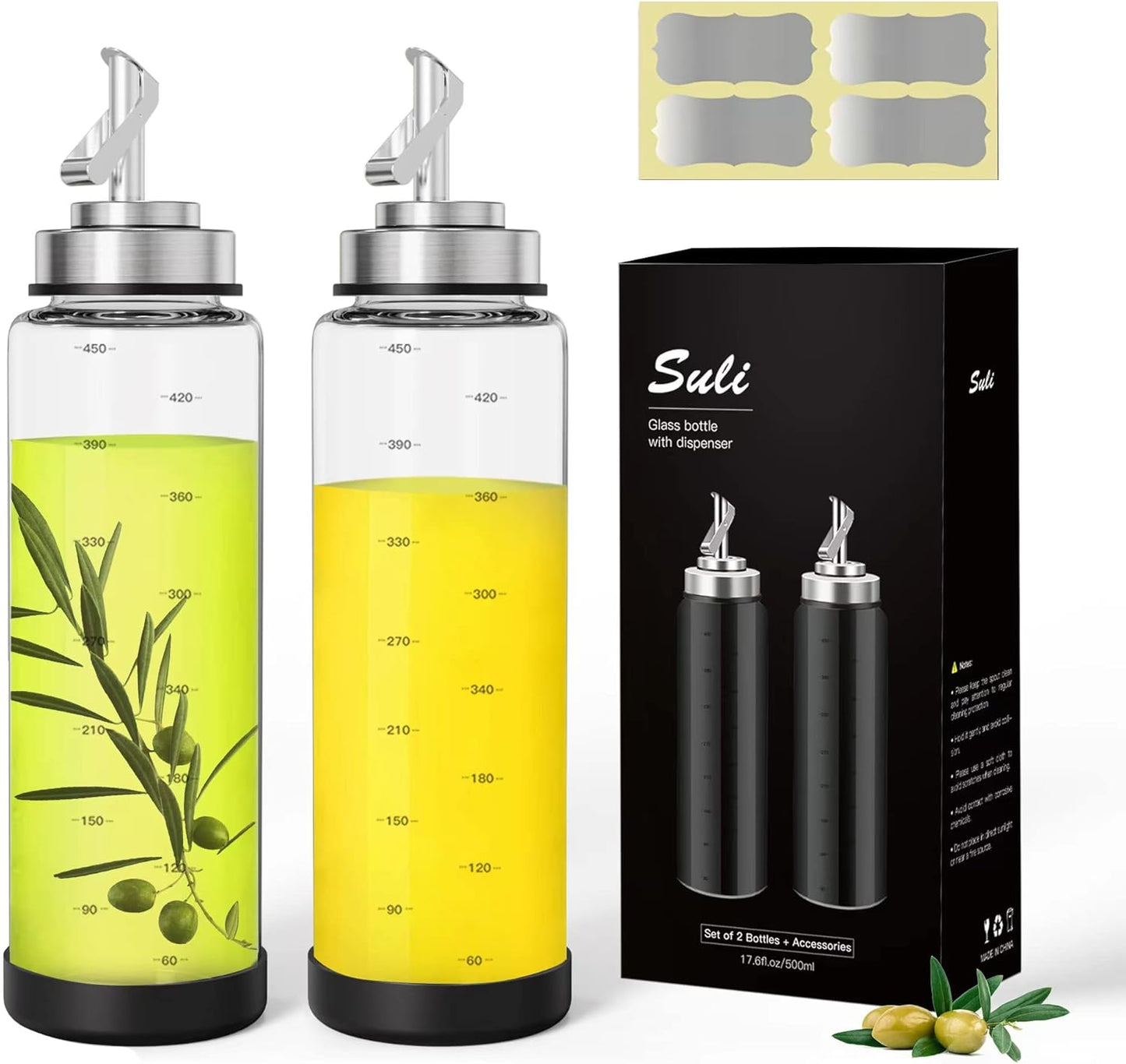 Suli Glass Olive Oil Dispenser Bottle -2 Pack17oz Oil and Vinegar Cruet Set with Steel Spouts and Labels for Kitchen Cooking, Salad Dressing, and BBQ (Silver)