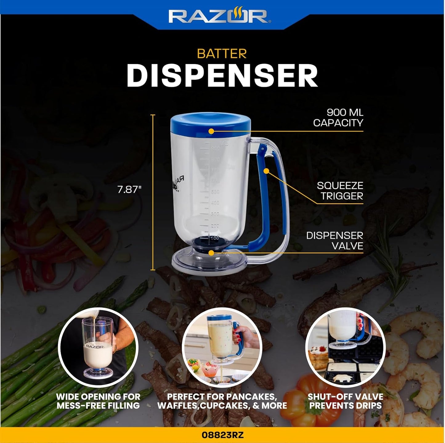 RAZOR Pancake Batter Dispenser, Pancakes & Waffles Batter Dispenser for Cakes, Muffins, Crepes, Cupcake for Baking, Cooking on Stovetop, Griddles, Prevents Drip, Easy Squeeze Trigger Handle Dispensers