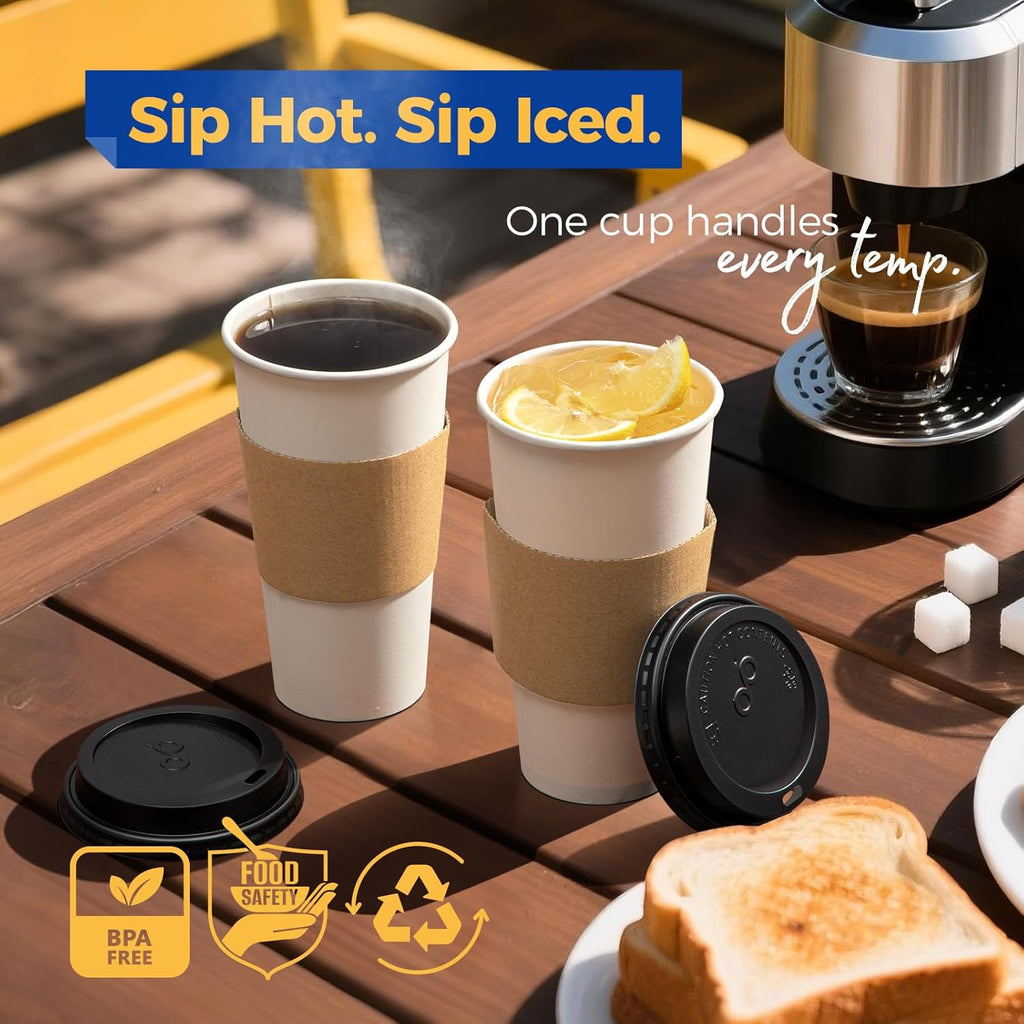 Fit Meal Prep 50 Pack 20 oz Disposable Coffee Cups with Lids, Sleeves, Leak-Proof To Go Coffee Cups with Lids, Durable Paper Cups for Hot Beverage, Home, Office, Party
