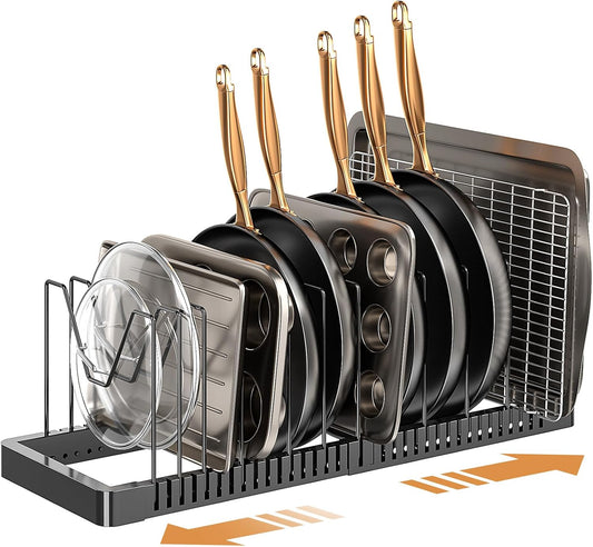 Pots and Pans Organizer under Cabinet, Expandable Pot Lid Organizer Holder with 12 Adjustable Compartment, Pan Organizers inside Cabinet for Lids, Bakeware, Kitchen Storage Pot Rack, Black