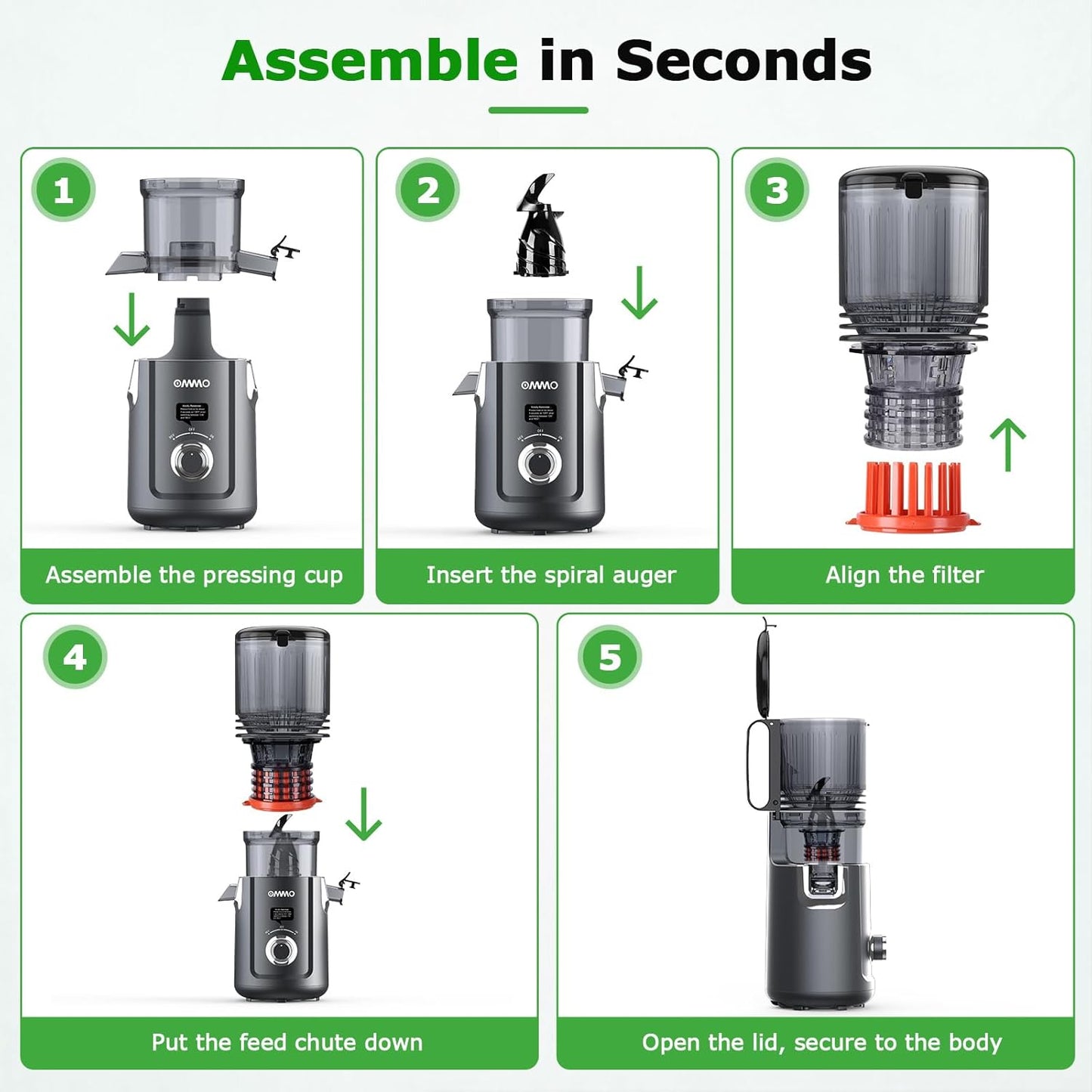 OMMO Cold Press Juicer Machines: 5.1" Feed Chute for Whole Fruits & Veggies, 300W Slow Juicer BPA Free for Kids, Beep Alert Easy Clean Juicers for Busy Mornings/Moms/Fitness/Healthy Living, Grey
