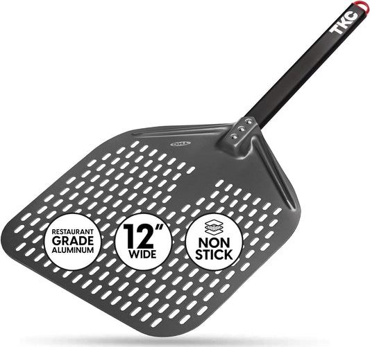 TKC Perforated Pizza Peel - 12" Metal Pizza Turner compatible with All Ovens, Indoor & Outdoor Use, Durable and Heat-Resistant Handle, Lightweight Pizza Spatula (Black)