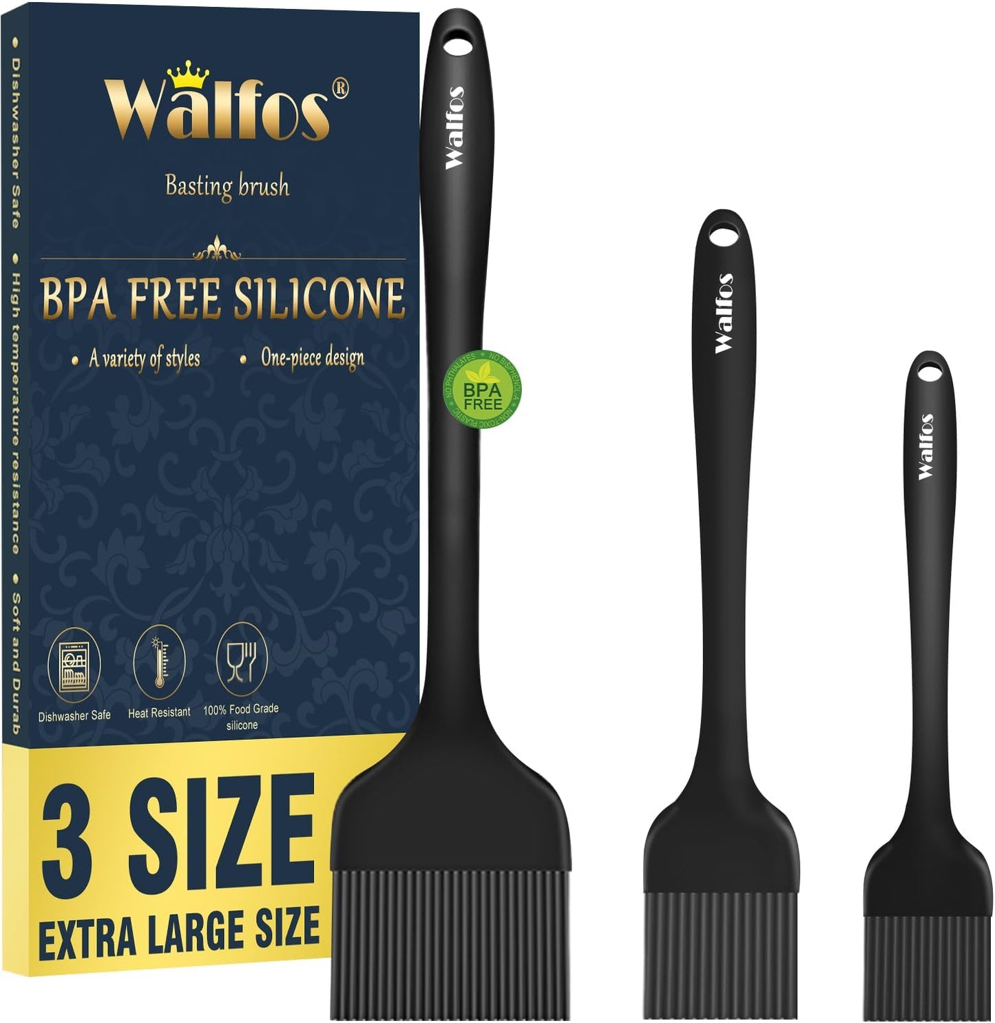 Walfos 3 Size Basting Brush, High Heat Resistant Silicone Pastry Brushes for Barbecue, Baking, Kitchen Cooking, Desserts- Strong Stainless Steel Core Technology