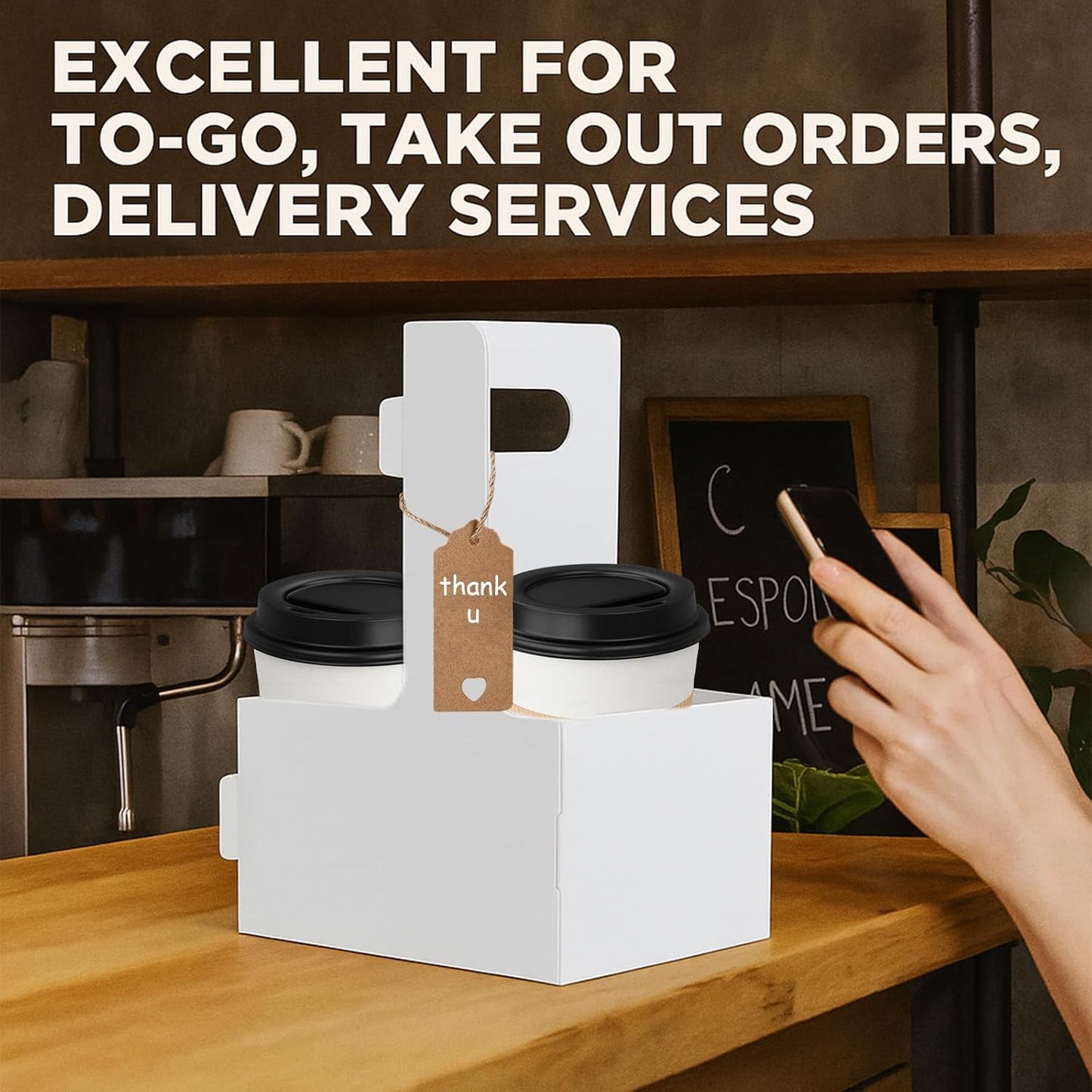 10 Pack 2 Cup Disposable Drink Carrier with Handle Paperboard Coffee Cup Holder Portable for Hot Cold Drinks Food Delivery Services with Heart Card for Teacher Appreciation Week Mother's Day