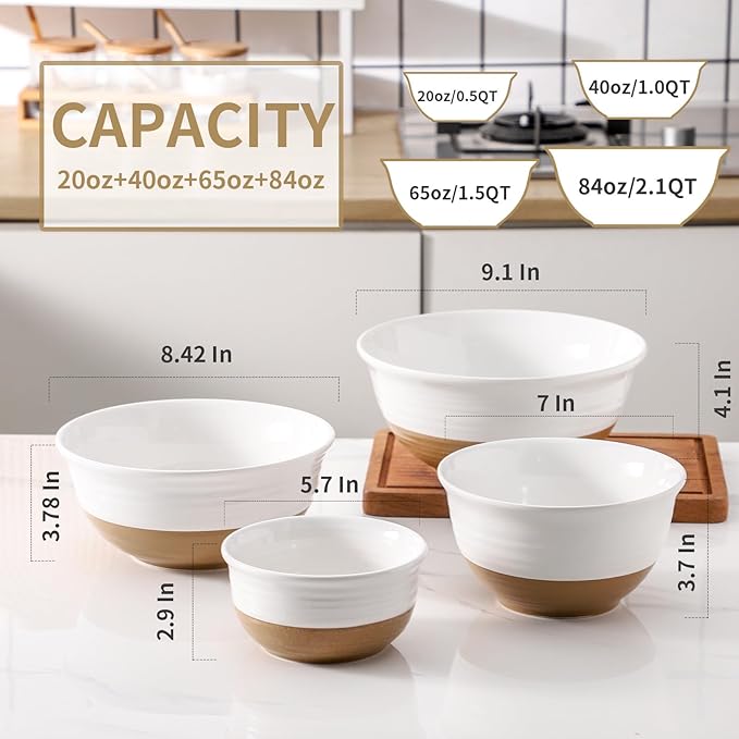 HASENSE Nesting Ceramic Mixing Bowls Set of 4, 2.1/1.5/1.0/0.5 Qt White & - Image 3