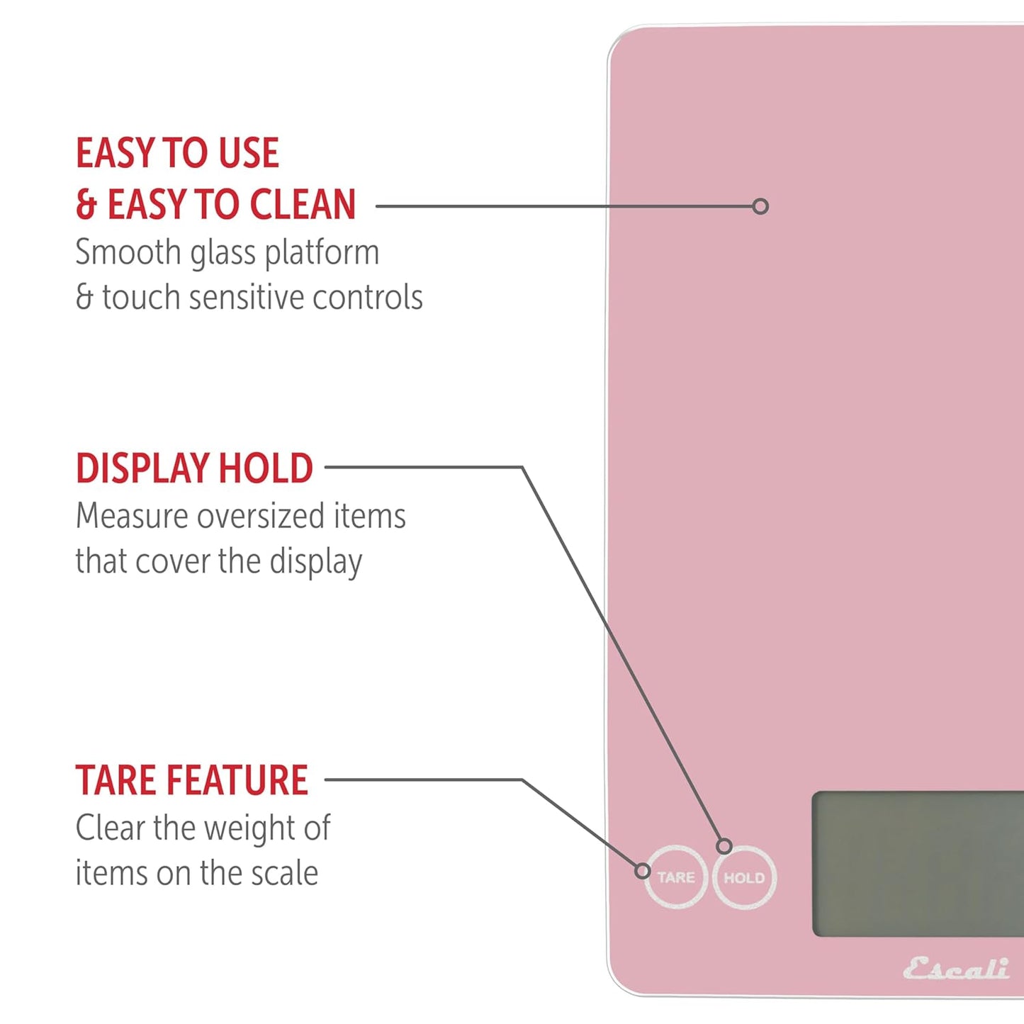 Escali Arti Classic Digital Coffee Scale Espresso Scale and Countertop Food Scale, 15-Pound Capacity, Pink