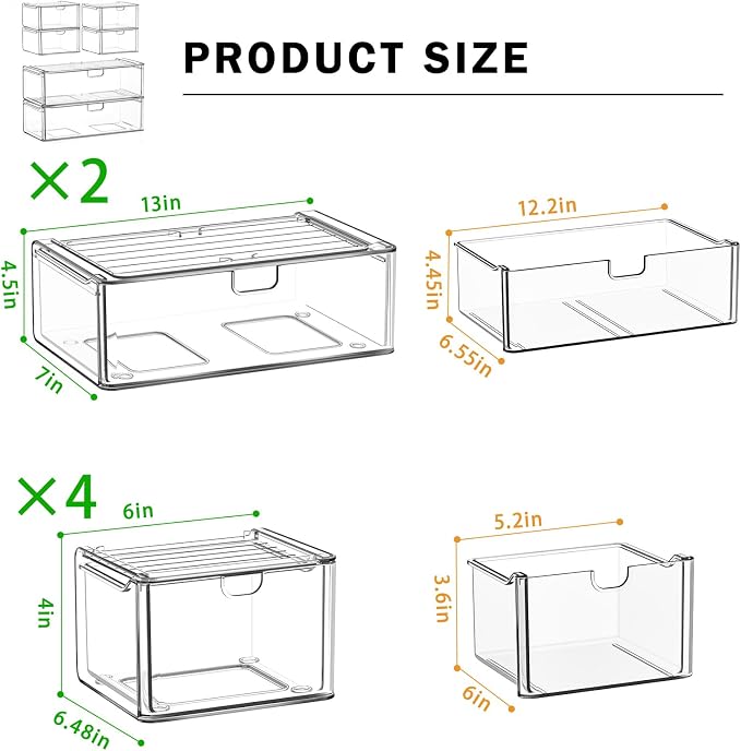 caktraie Acrylic Storage Drawers Set of 6, Plastic Organizer Bins - Image 3