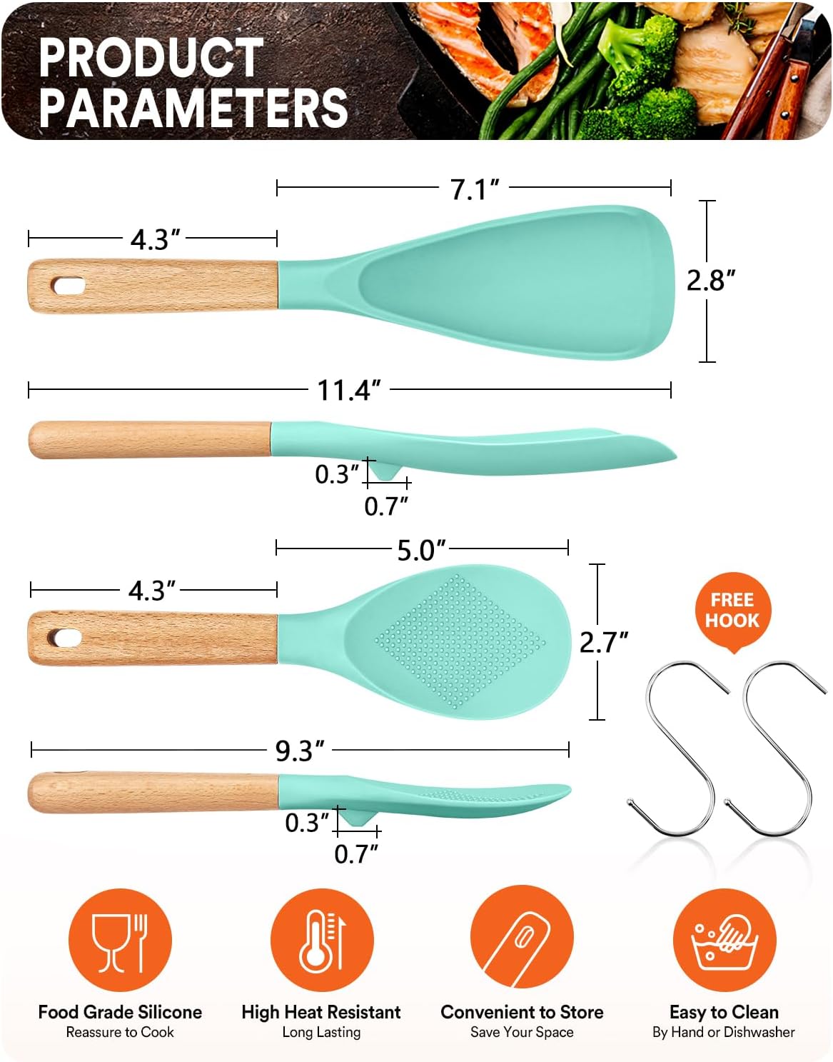 Cooking Spoon and Rice Scooper for Nonstick Cookwares, Great for Cooking and Serving Sturdy BPA-Free Matte Silicone, Wood Handle Spoon for Mixing, Scoop, and Scrape (GREEN)