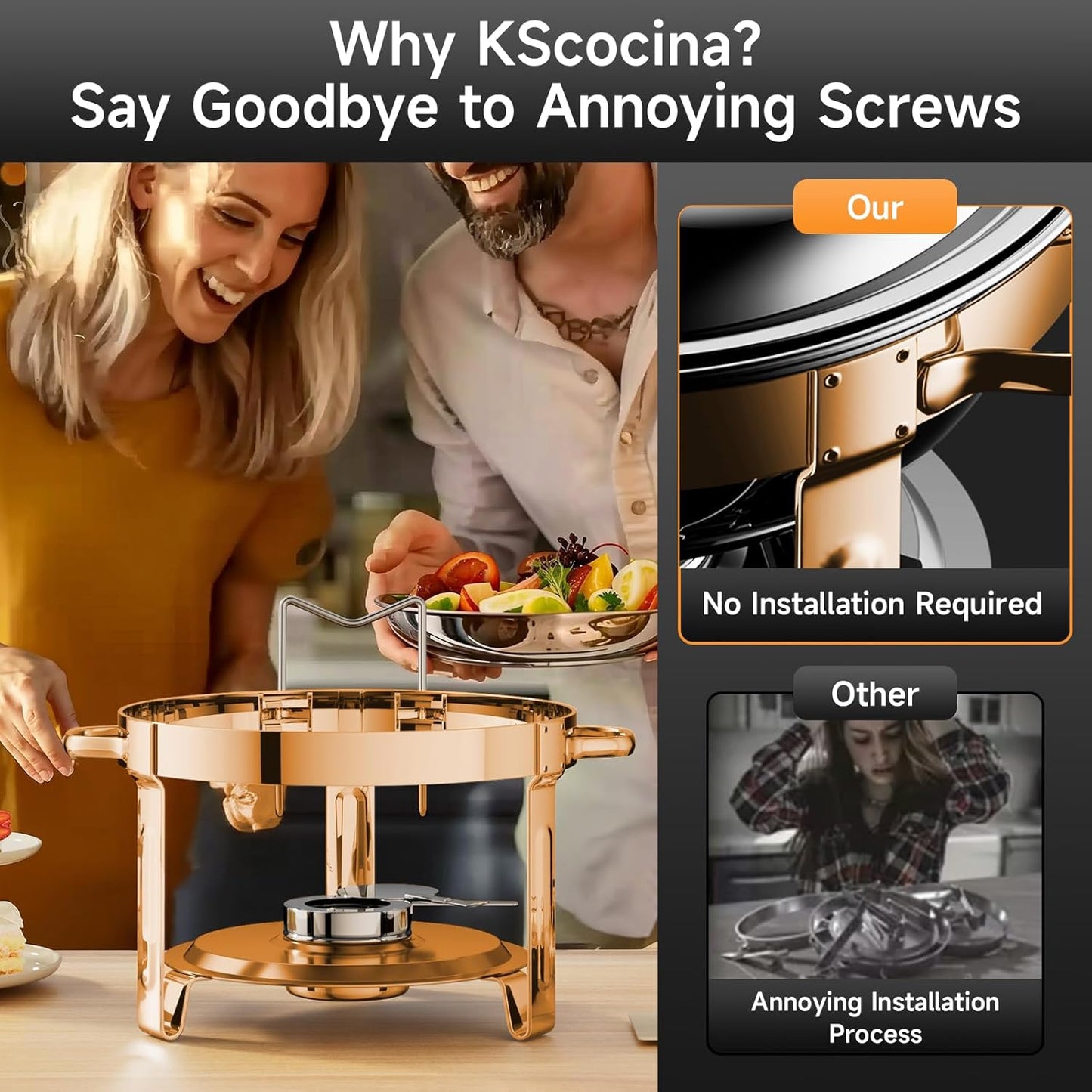 Chafing Dishes for Buffet, 4 Pack 5QT Round Stainless Steel Chafing Dish Set for Home Parties, Christmas Gatherings, Catering Events Complete Buffet Warmer Set (Rose Gold 4)