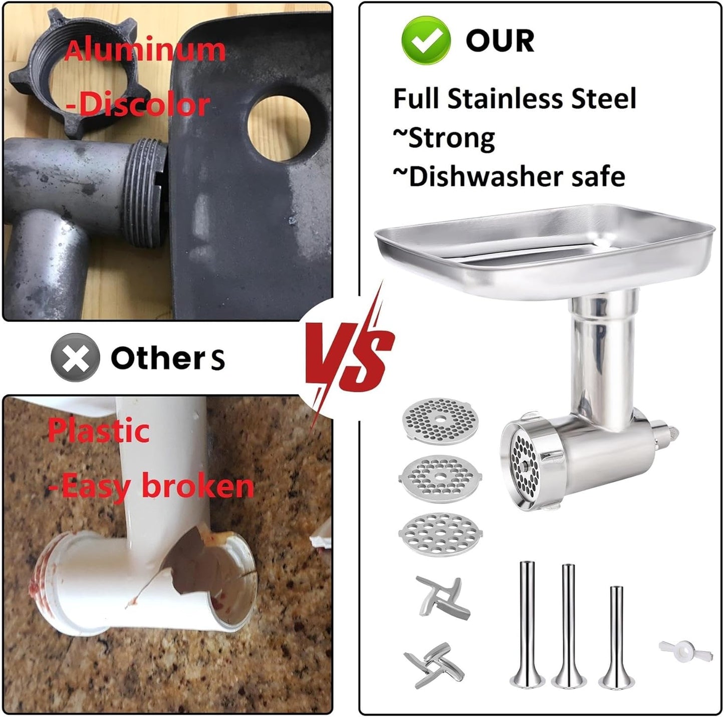 Stainless Steel Food Grinder Attachment for KitchenAid Mixers, Dishwasher Safe Meat Processor Aceesory Included 3 Sausage Stuffer Tubes