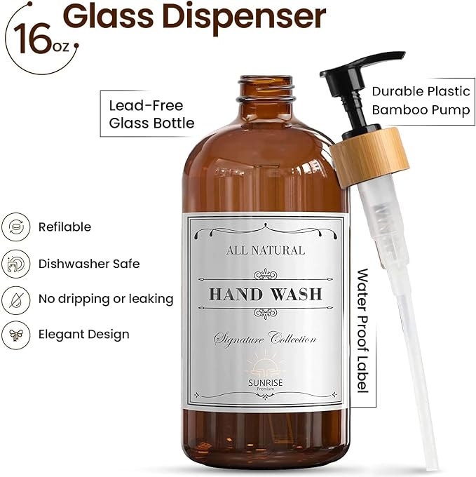 Sunrise Premium 16 OZ Thick Amber Glass Soap Dispenser, Bamboo Pump - Image 2