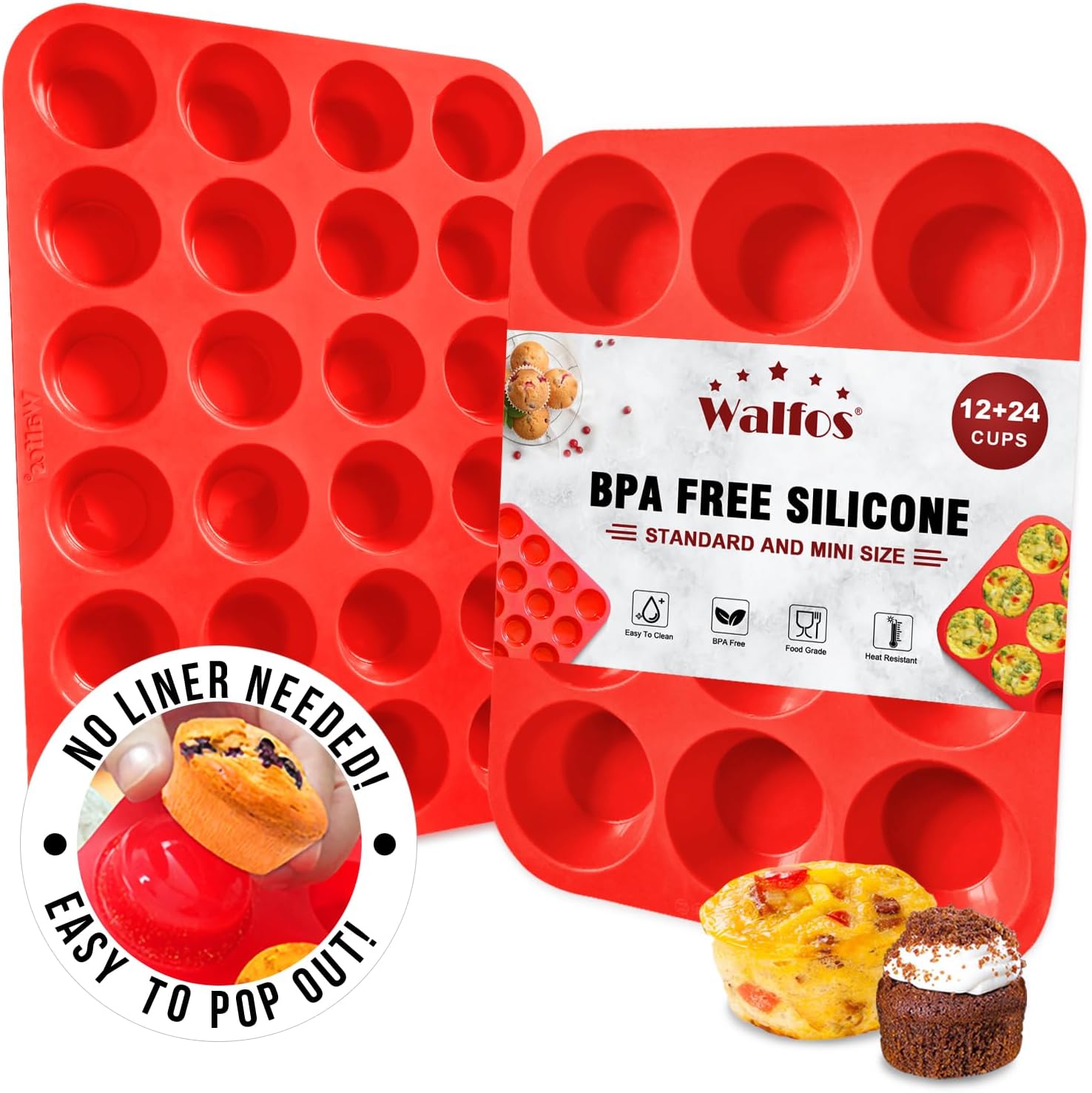 Walfos Silicone Muffin Pan Set - Regular 12 Cups Silicone Muffin Pan and Mini 24 Cups Cupcake Pan - BPA Free and Dishwasher Safe, Great for Making Muffin Cakes, Tart, Bread