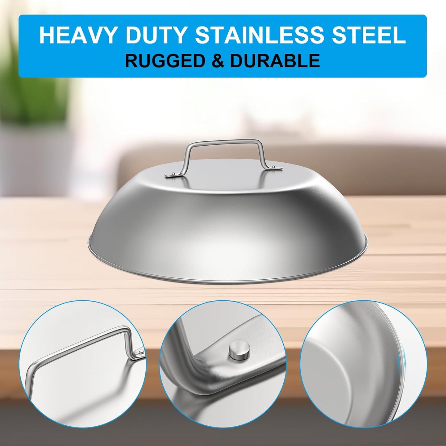 SafBbcue Round Cast Iron Smash Burger Grill Weight Press Tool & Griddle Steamer Melting Dome 12" Round Stainless Steel Basting Cover for Blackstone Griddle, Griddle Food Cover Dome for Flat Top Grills