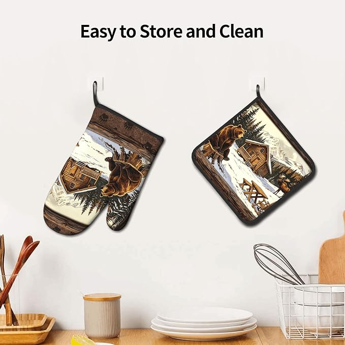 Vintage Oven Mitts and Pot Holders Sets Rustic Cabin Kitchen Gloves Bear Hot - Image 6