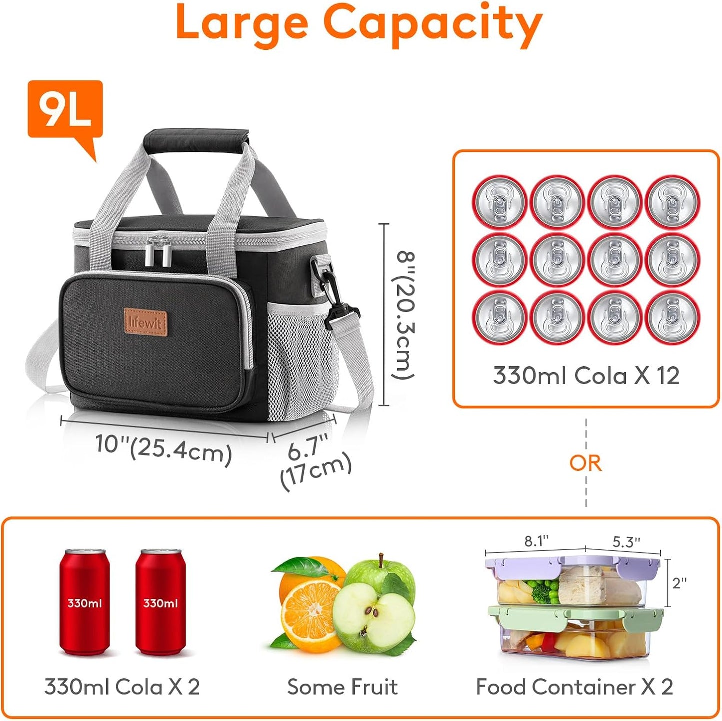 Lifewit Medium Lunch Bag Insulated Lunch Box Soft Cooler Cooling Tote for Adult Men Women, Gray and Black 12-Can (9L)