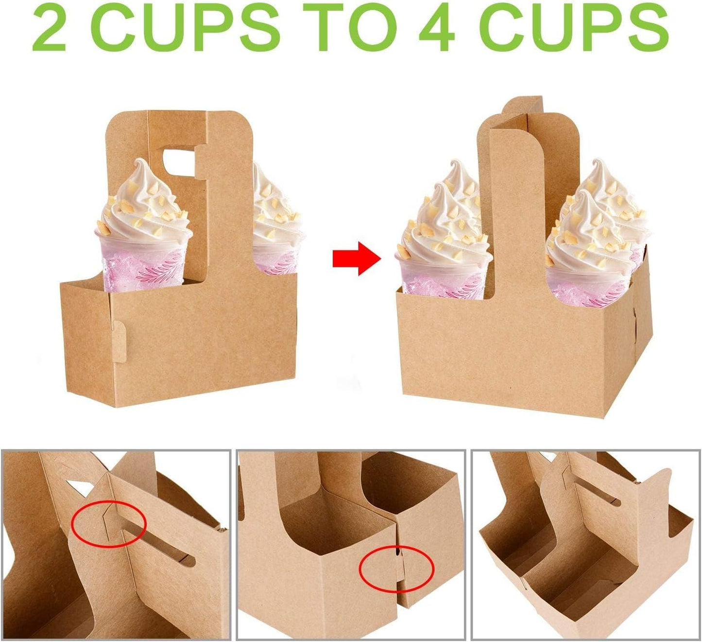 100 Pack Kraft Drink Carrier with Handles - 2 Cups or 4 Cups Assemblable Disposable Paperboard Drink Holders Great for All Your Drink and Food Delivery(2 Cup-100 Pack)