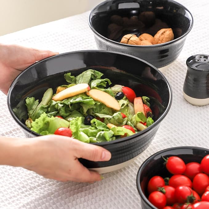 HASENSE Ceramic Mixing Bowls Set of 3, 84/40/20 Oz Black & Beige Stoneware Bowls - Image 7