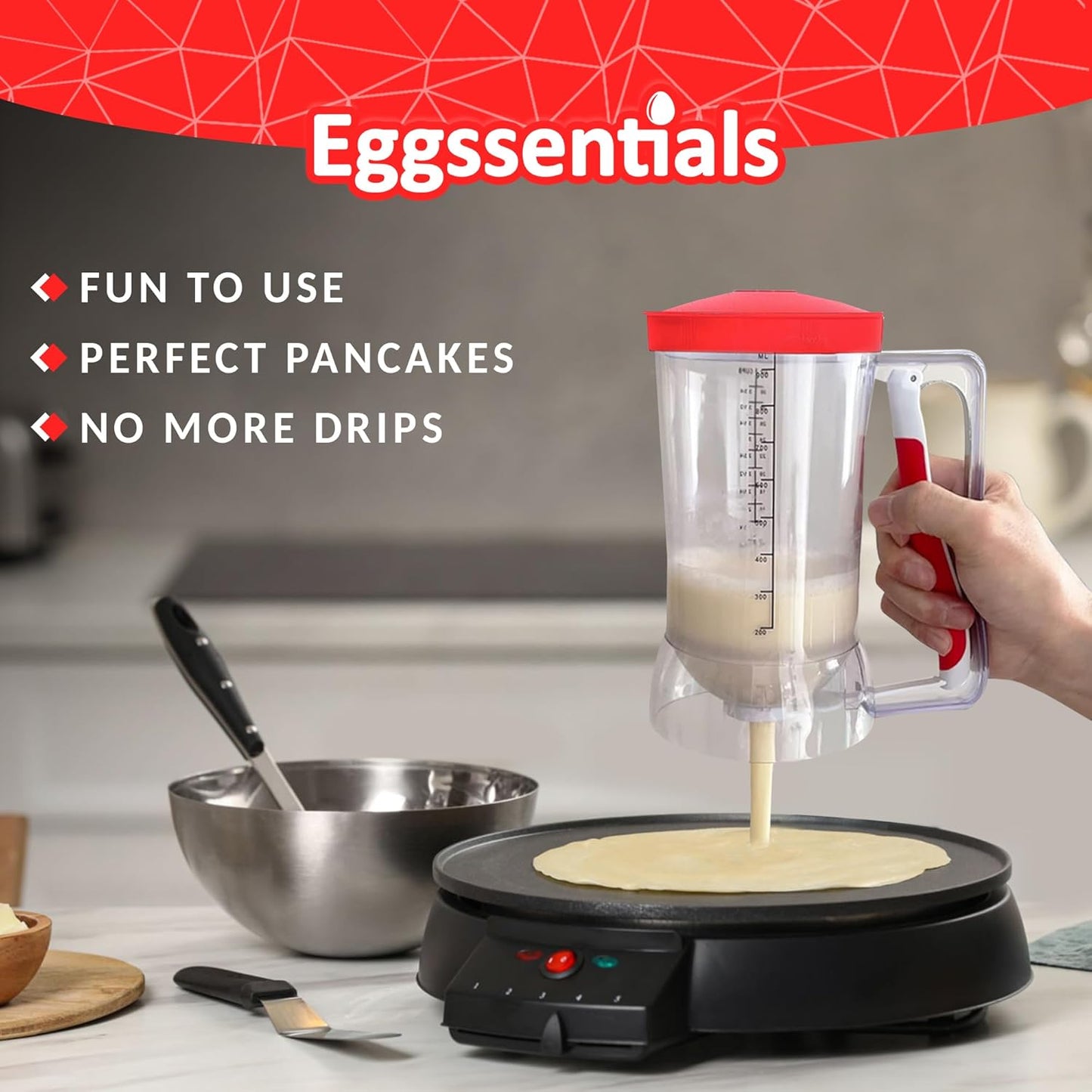 Eggssentials Pancake Batter Dispenser - Batter Dispenser with Squeeze Handle for Cupcakes - Pancakes - Cookie Cakes - Waffles - and Biscuit Separation.