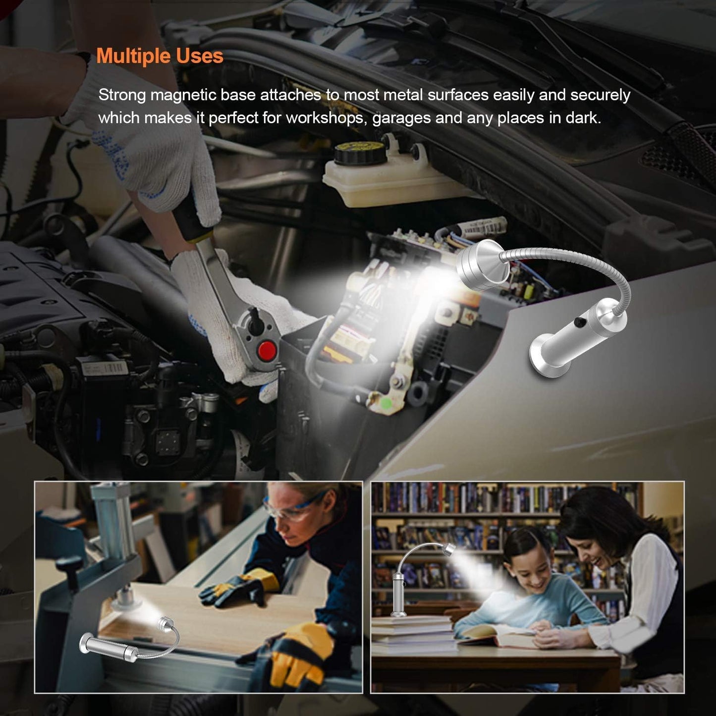 Barbecue Grill Light Grilling Accessories for Outdoor, BBQ Magnetic LED Lights Flexible Gooseneck Weather Resistant, Men Dad Gifts Batteries Included 2 Pack (Silver)