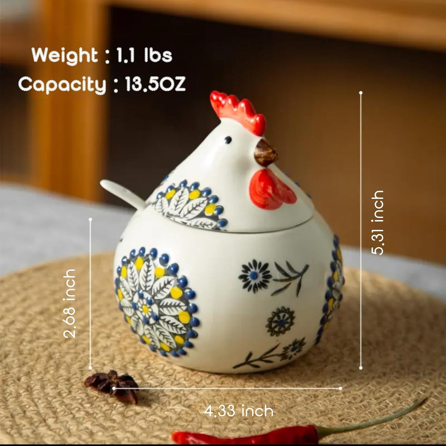 13.5 Oz Salt Cellar With Lid and Spoon (Green)- Ceramic Chicken Spice Jars for Salt, Sugar, Pepper - Spice Containers for Countertop