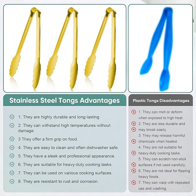 Gold Buffet Tongs 9'' Inches Serving Tongs Heavy Duty Stainless steel Kitchen - Image 3