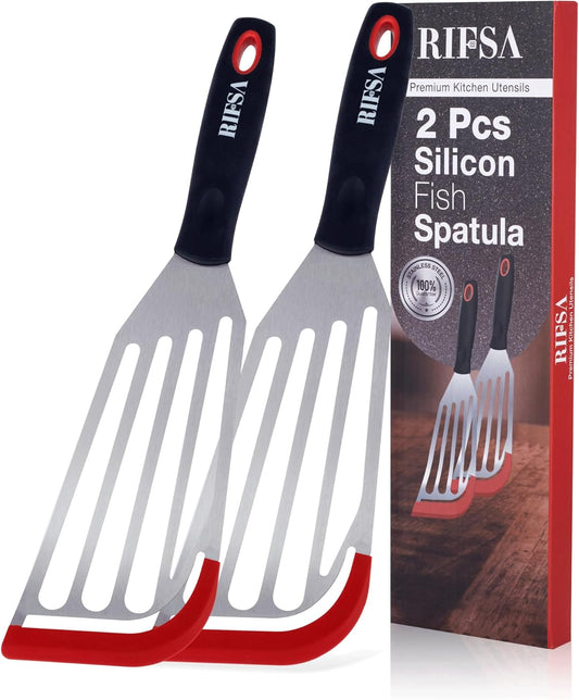 Fish Spatula Set of 2, Stainless Steel Fish Spatulas with Heat-Resistant Silicone Tips, Non-Scratch Design for Non-Stick Cookware, Silicone Slotted Spatula for Frying, Flipping Fish, Eggs & Pancakes