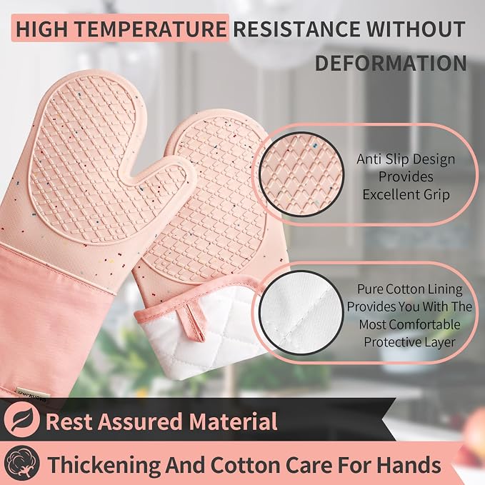 Pink Oven Mits, Heat Resistant, Non-Slip Grip Pattern, Baking Gloves - Image 3