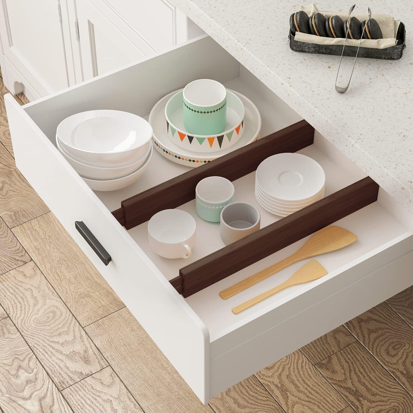 BAMEOS Drawer Divider,Expandable Bamboo Separators Adjustable Utensil Knife Fork Tool Kitchen Organizer, Clothes Fabric Drawer Organizer In Bathroom Bedroom Office, Cabinet Dresser Organizer 4-pack