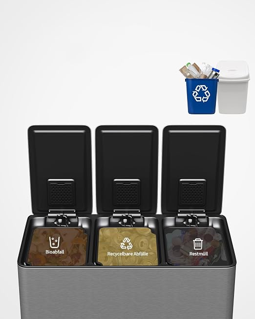 Garvee Triple Kitchen Trash Can, 3 x 4 Gal Stainless Steel Recycling Bin Combo - Image 6