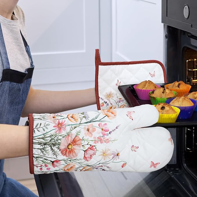 Pink Floral Oven Mitts and Pot Holders Sets 4Pcs, 100% Cotton Heat Resistant - Image 6