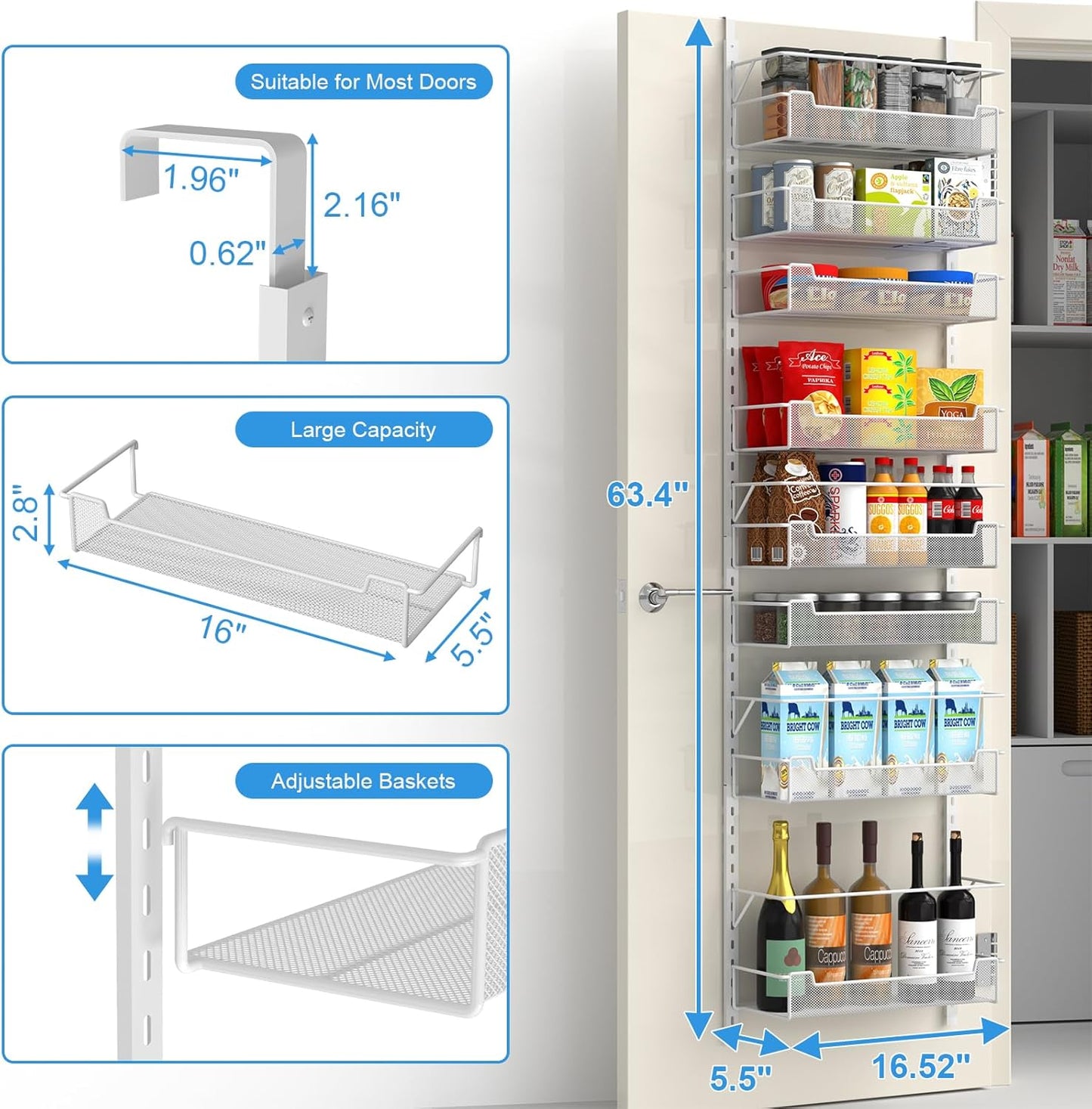 Over the Door Pantry Organizer, 8-Tier Over the Door Organizer with Adjustable Basket, Pantry Door Organization for Pantry Kitchen Storage Room Spice Rack, White