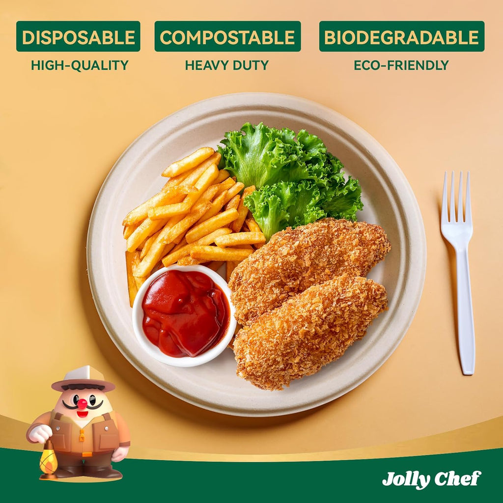 JOLLY CHEF Compostable Heavy Duty Plates 𝟭𝟬 𝗜𝗻𝗰𝗵 [𝟱𝟬𝟬 𝗣𝗮𝗰𝗸] Eco-Friendly Disposable Paper Plates Made of Bagasse Biodegradable Bulk for Party Dinner Sugarcane Fibers Round (Natural)