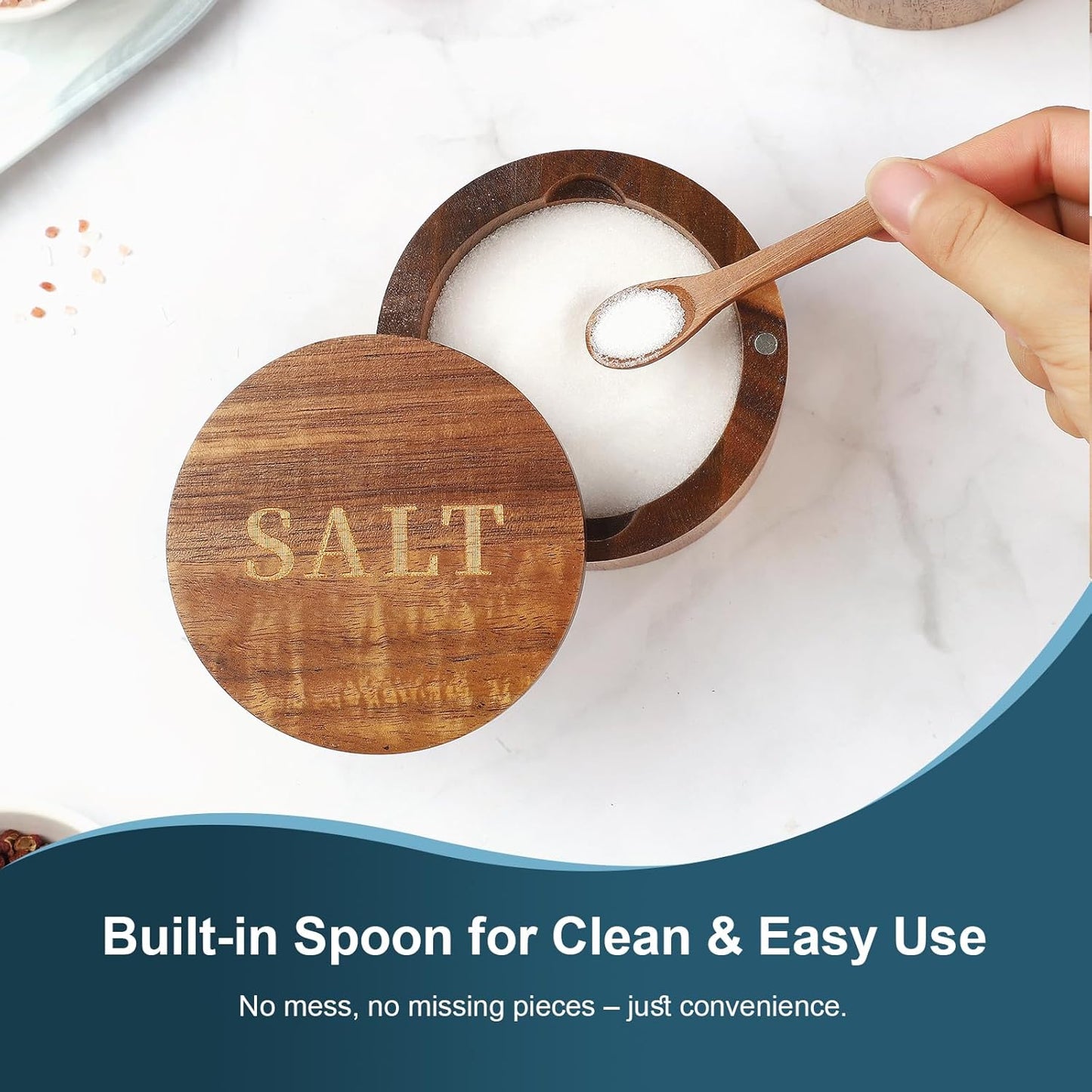 Salt Cellar, Elegant Salt and Pepper Set, 2PCS Acacia Wood Salt Container with Built-in Spoon & Swivel Lid, Engraved SALT & PEPPER Box, Salt Holder for Countertop Seasoning Storage