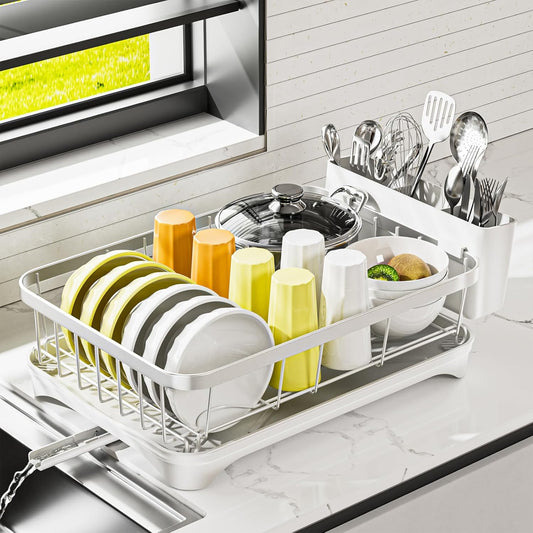 Stainless Steel Dish Drying Rack – 304 Grade Dish Racks for Kitchen Counter with Utensil Holder & Adjustable Spout, Space-Saving Organizer, 16.5" x 11.8" x 5.3" White