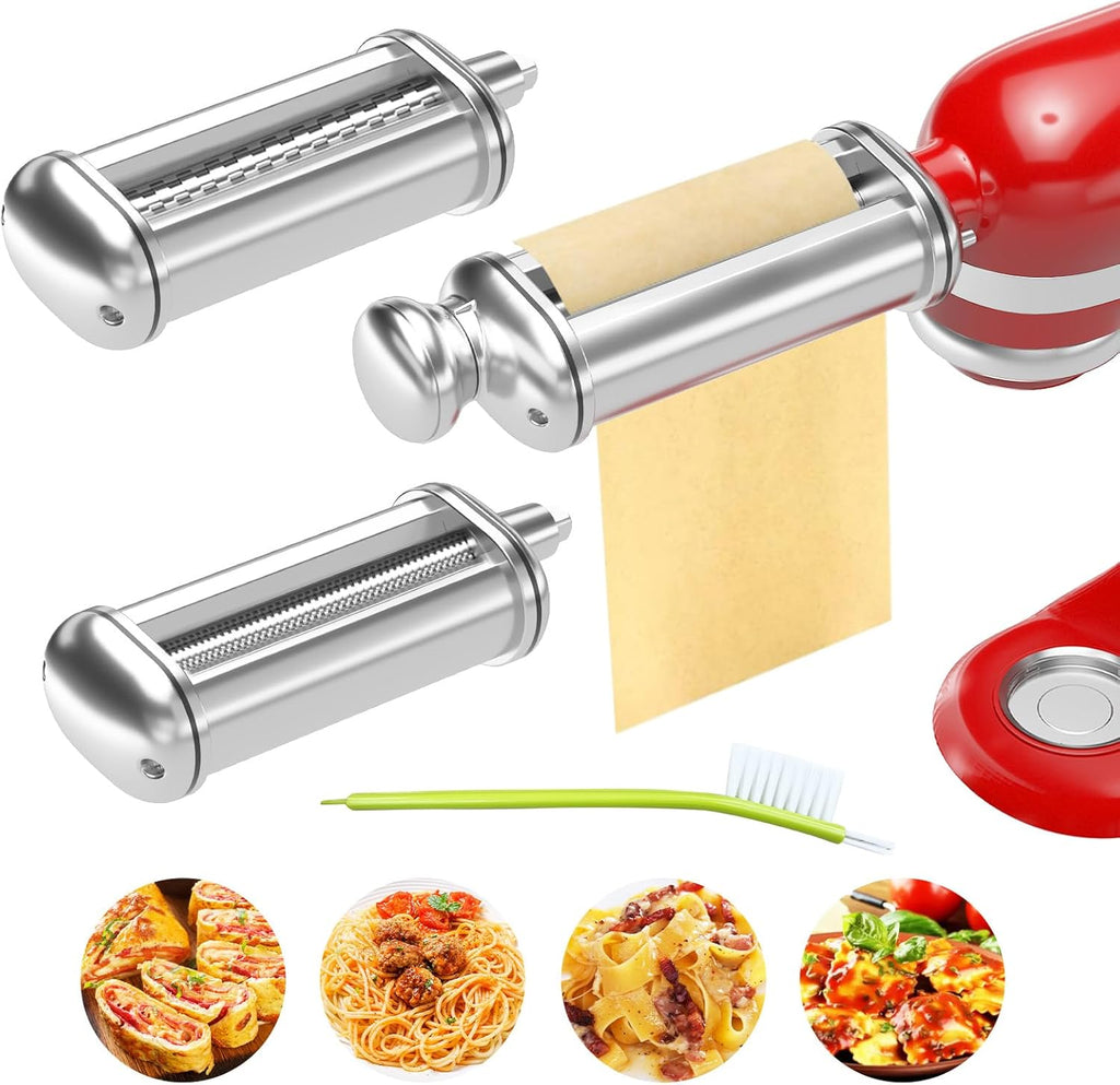 Pasta Maker Attachment for Kitchenaid Stand Mixer Included Pasta Sheet Roller, Spaghetti Cutter and Fettuccine Cutter, Pasta Maker Stainless Steel Accessories with 8-Speed Adjustable, 3 Piece