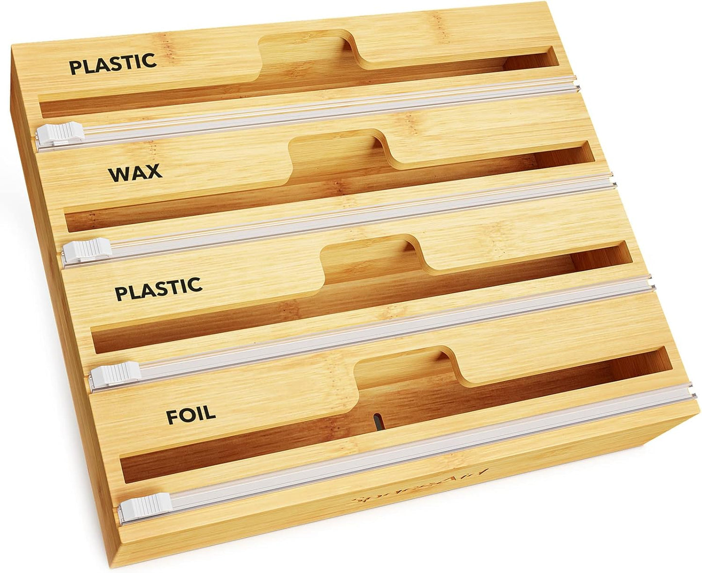SpaceAid WrapNeat 4 in 1 Wrap Organizer with Cutter and Labels, Plastic Wrap, Aluminum Foil and Wax Bamboo Dispenser for Kitchen Storage Organization Holder for 12" Roll (Natural, 4-Slot)
