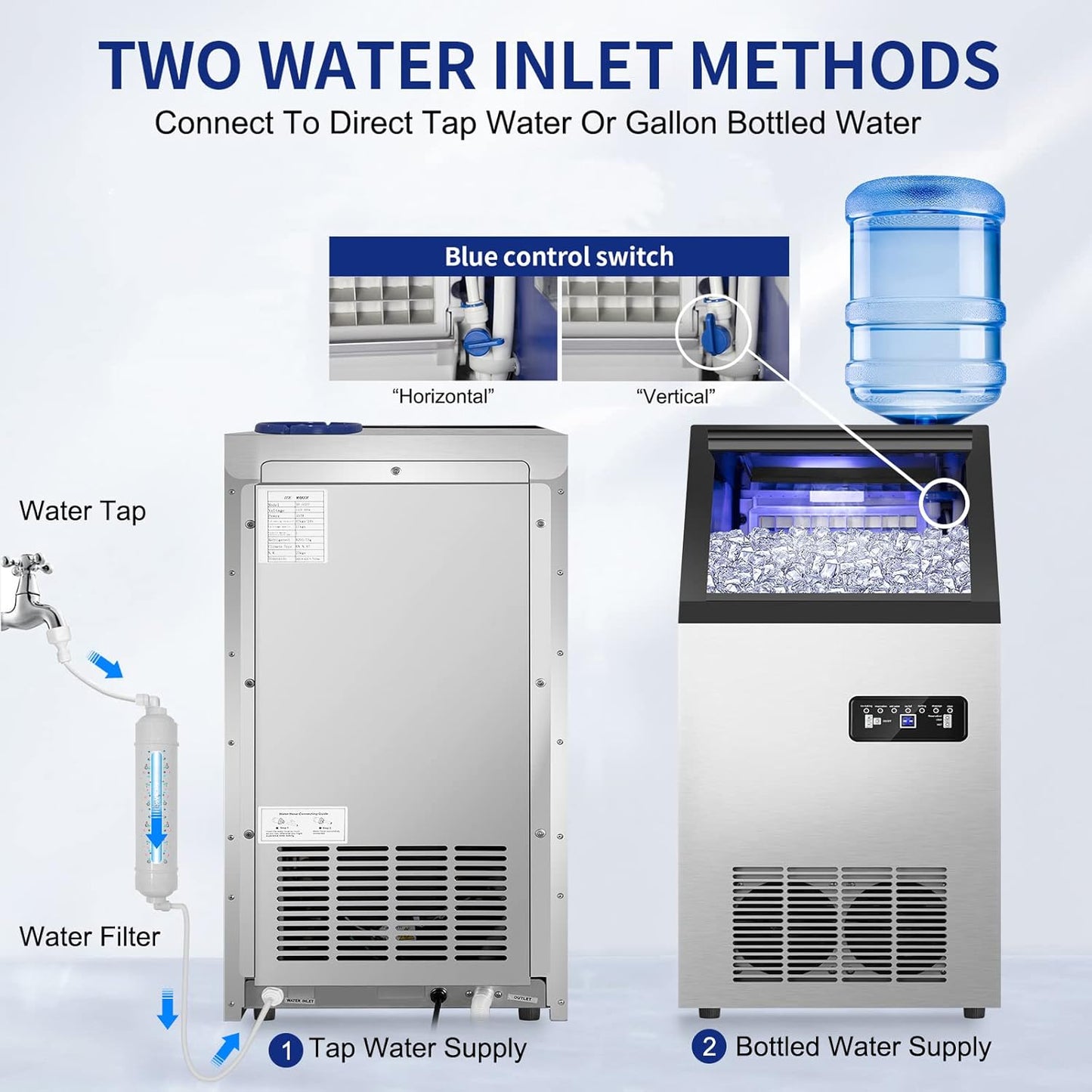 Commercial Ice Maker Machine 120Lbs/24H with 35Lbs Ice Capacity, 45Pcs Clear Ice Cubes Ready in 11-20Mins, Stainless Steel Under Counter Freestanding Large Ice Machine, 2 Water Inlet Modes