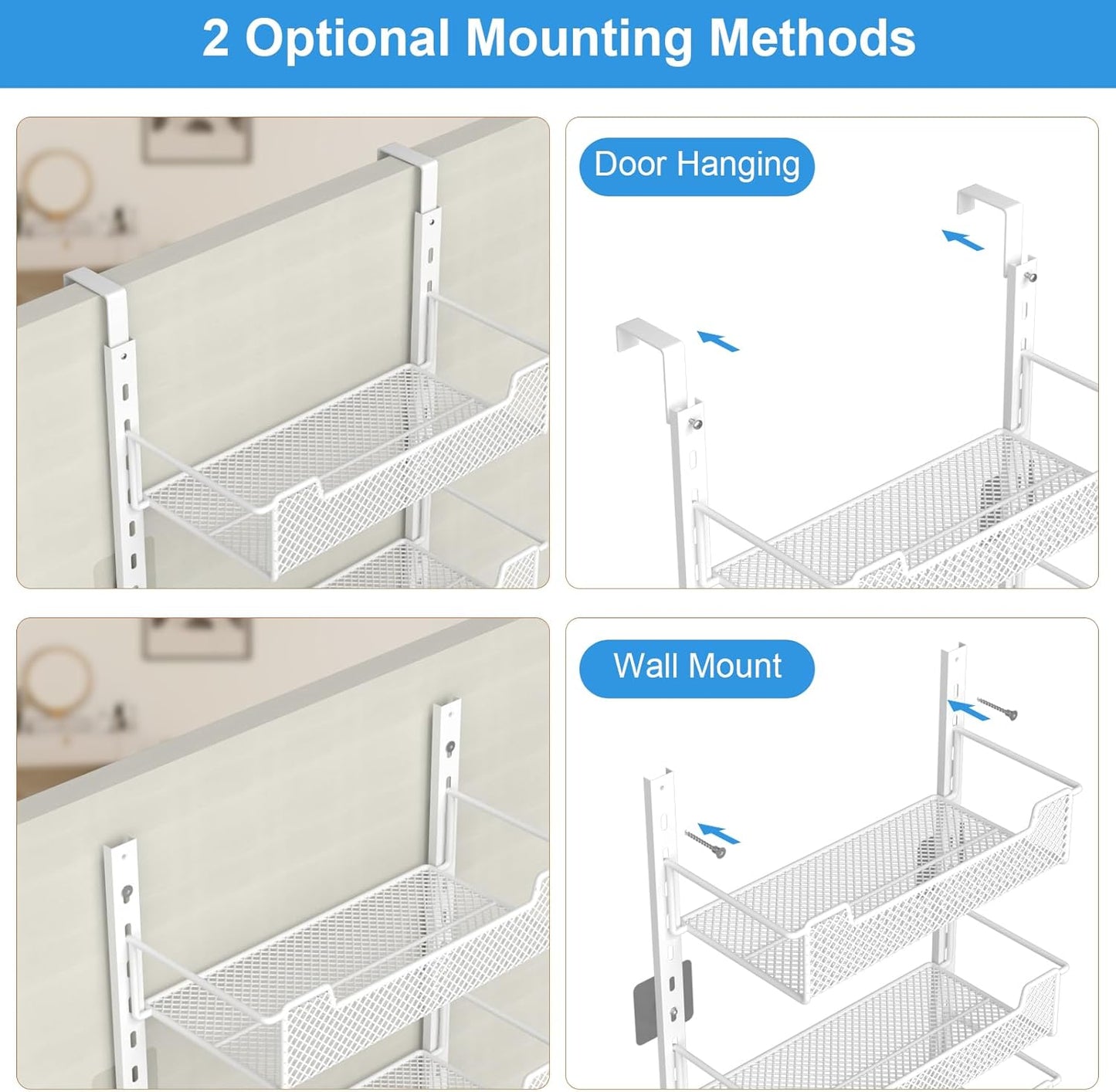 12.3" W Narrow Over the Door Pantry Organizer, 6-Tier Over the Door Organizer with Adjustable Basket, Pantry Door Organization for Pantry Kitchen Storage Room Spice Rack, White