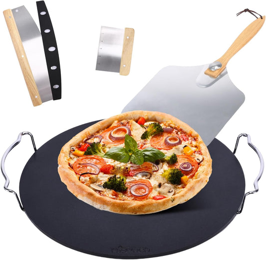Hisencn 13" Round Pizza Steel for Oven & Grill – Ceramic Baking Steel Pizza Stone Set with Rack, Pizza Peel, Cutter & Dough Scraper, Crack-Resistant & High Heat Conductivity for Crispy Crust