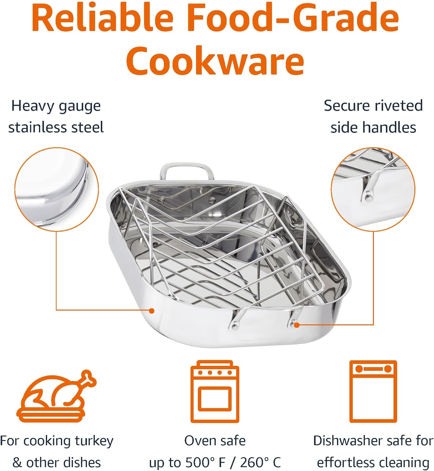 Amazon Basics Stainless Steel Rectangular Roasting Pan with Rack, 16 in