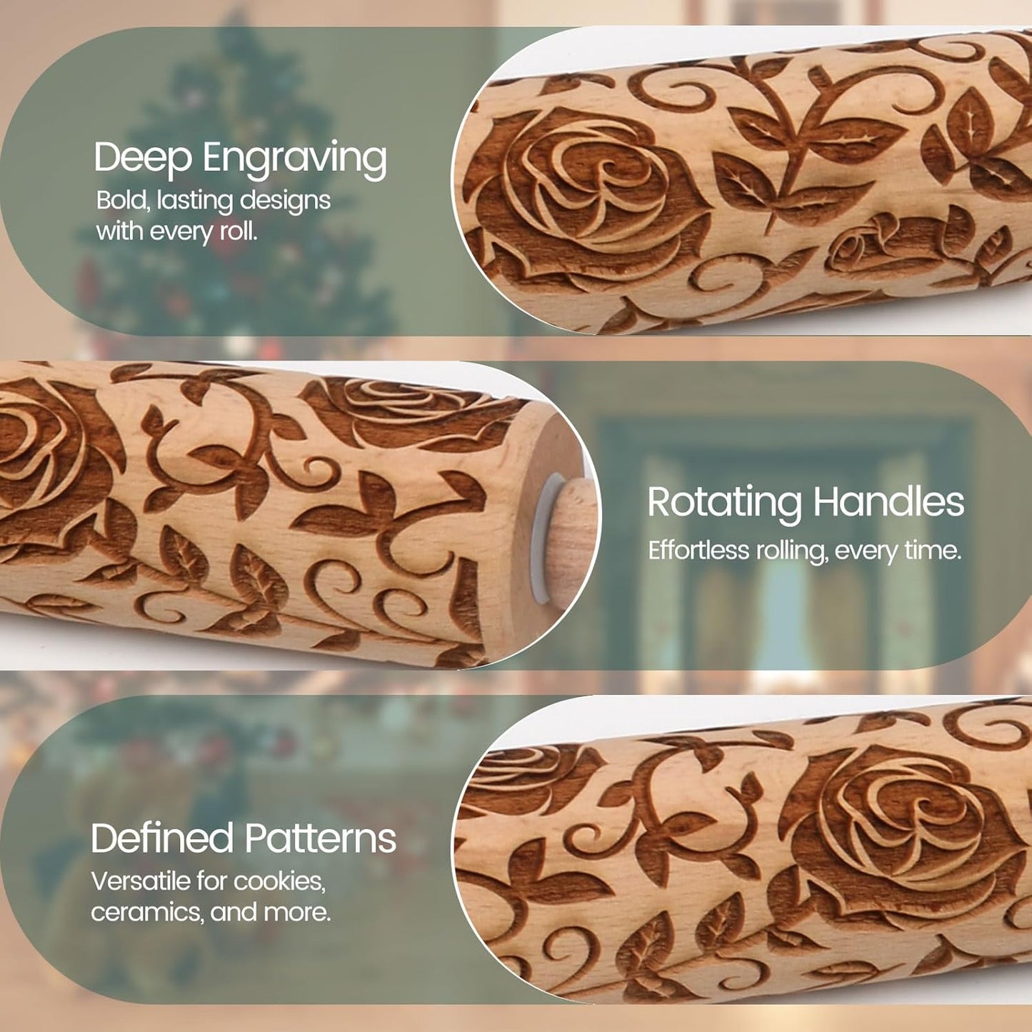 Floral Rose Embossed Rolling Pin for Baking Cookies Embossing Rolling Pins with Design Wooden Engraved Springerle Shortbread Roller Pin Flower Patterned Clay Pottery Ceramic Stamp Mold Bakers Women