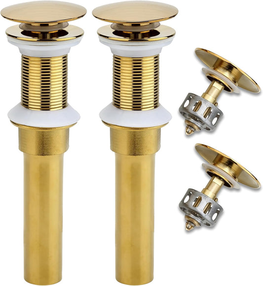 Bathroom Sink Drain, 2 Pack Gold Drain Stopper Bathroom Sink Without Overflow, Pop Up Drain Assembly with Detachable Strainer Basket, Built-in Anti-Clogging Strainer,Stainless Steel