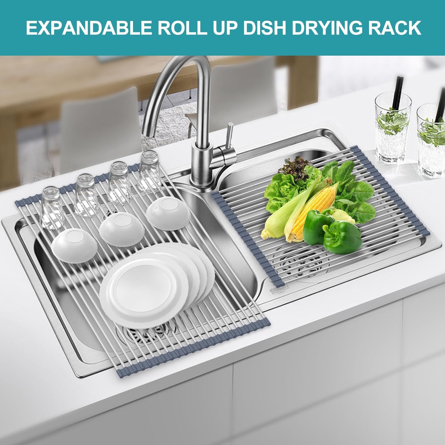BBXTYLY Extra Large Expandable Roll Up Dish Drying Rack,Over The Sink Drying Rack Sink Cover Kitchen Sink Accessories Kitchen Rolling up Stainless Steel Drainer, Foldable,Rollable（Grey，22.8''-17''）