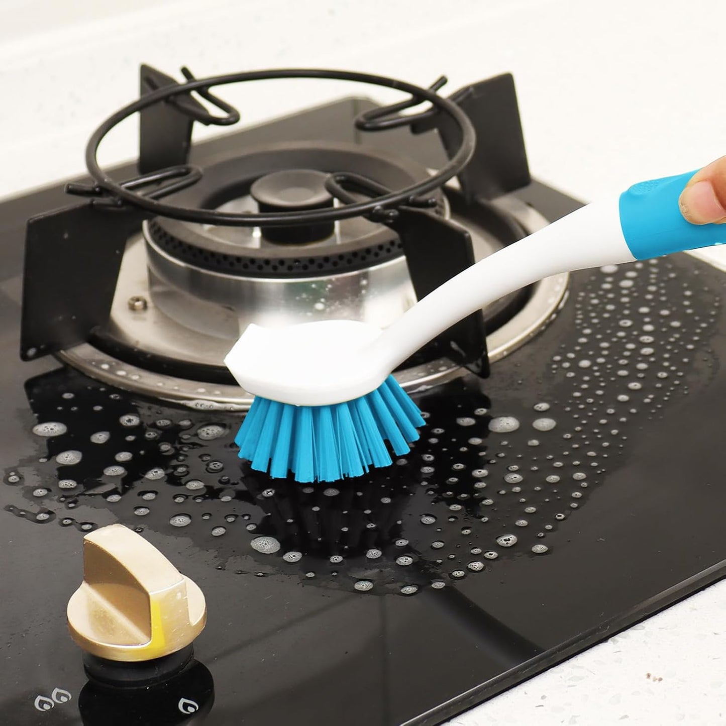 Dish Brush with Handle, 2 Pack Scrub Brushes with Built-in Scraper for Cleaning Kitchen, Pots, Pans and Sink, Scrubber Washing Tools, Blue