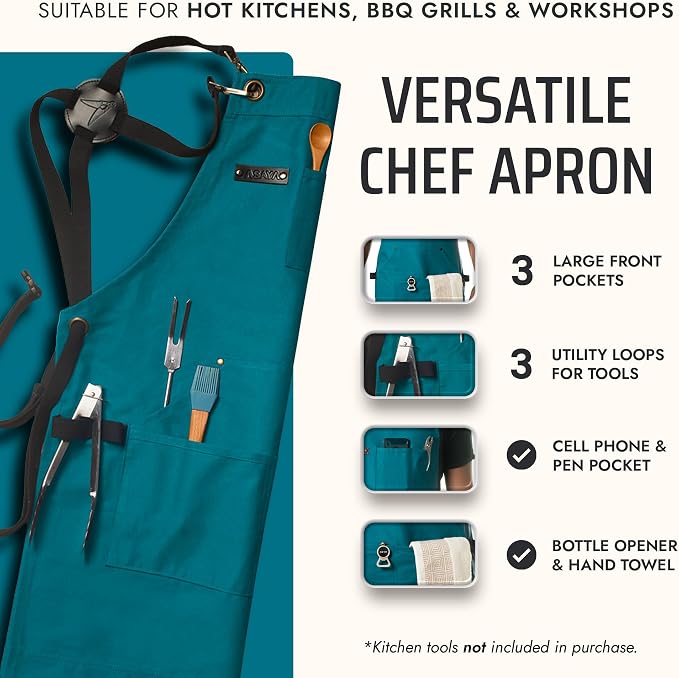 Asaya Chef and BBQ Apron with Bottle Opener and Hand Towel - 10oz Cotton Canvas - Image 2
