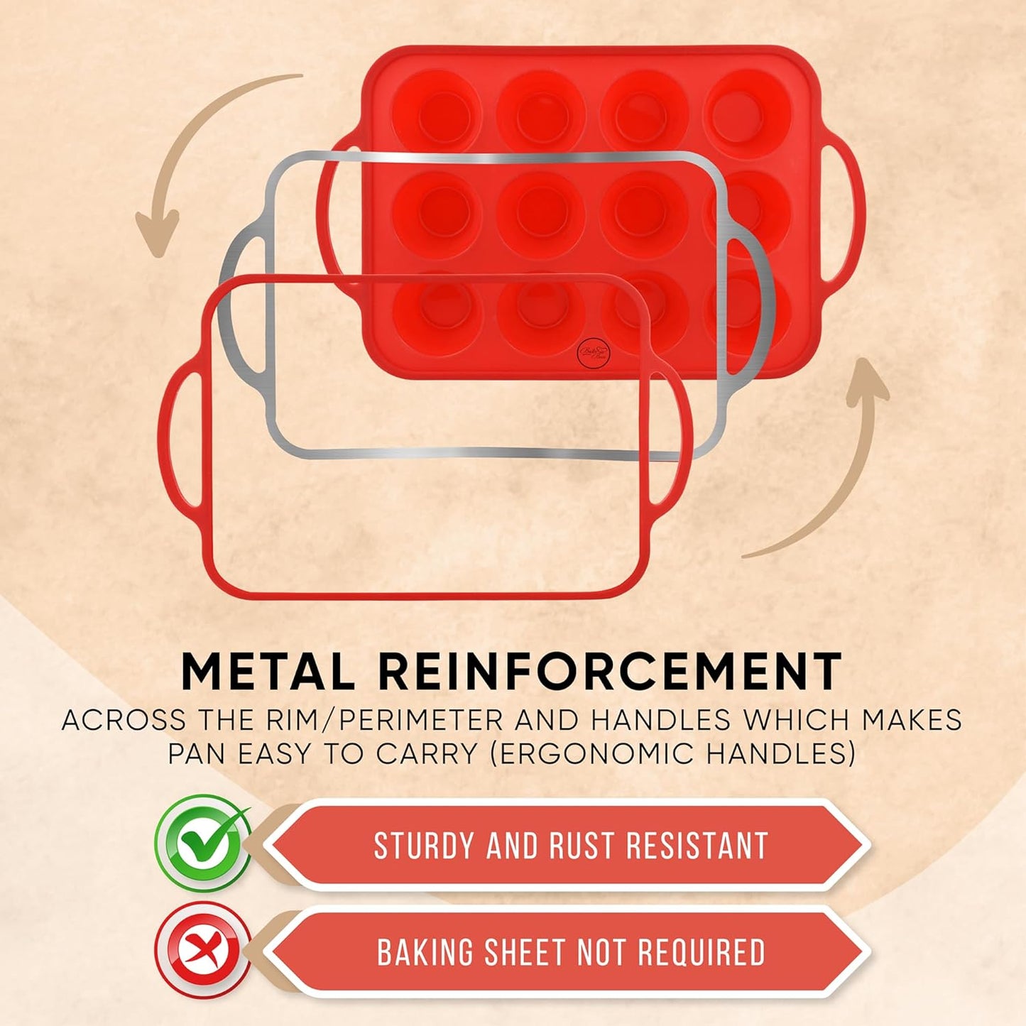 Silicone Muffin Pan With Handles, 12 Cups Cupcake Pan, Silicone Muffin Cups For Baking, Eggs & Cupcakes, Non-Stick Cupcake Molds Dishwasher Safe & BPA Free - Red Color