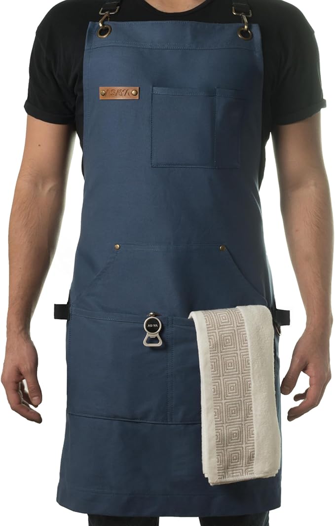 Asaya Chef and BBQ Apron with Bottle Opener and Hand Towel - 10oz Cotton Canvas by AsayaChefProducts