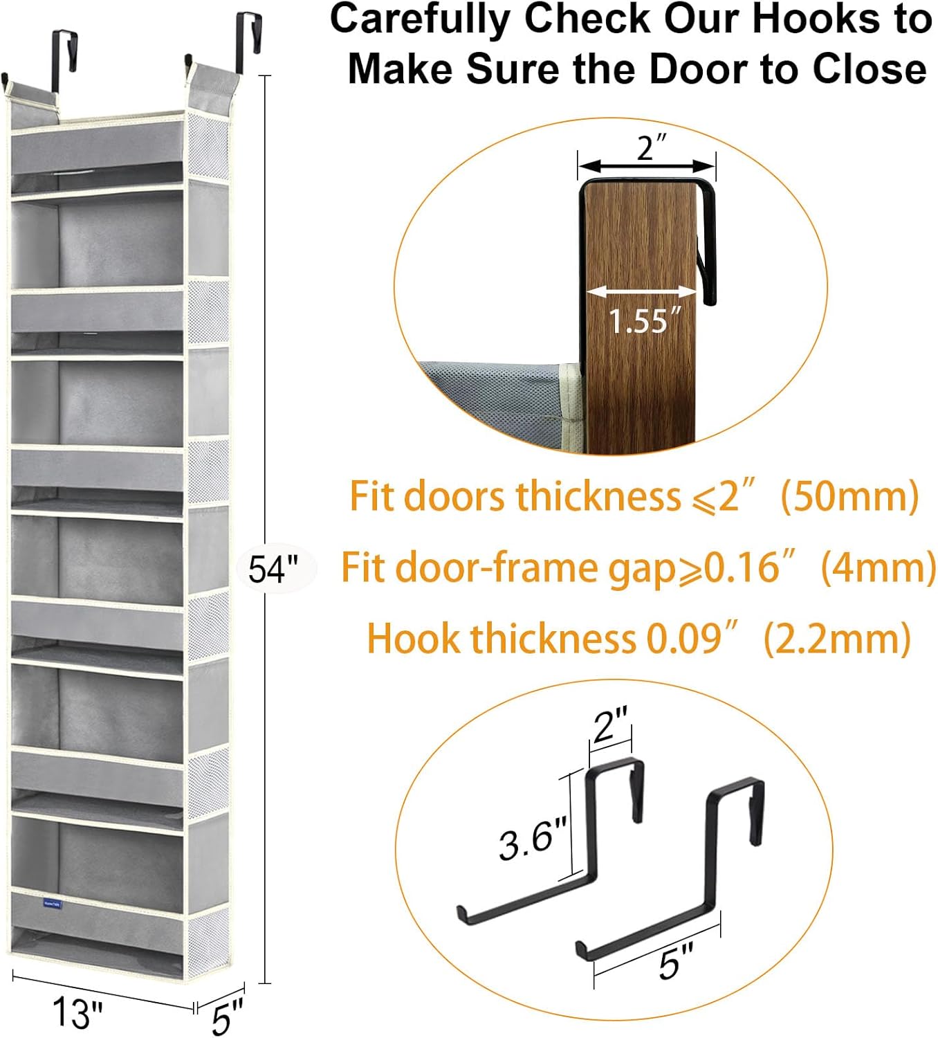 Over The Door Organizer 6-Shelves and 12 Side Pockets, Over The Door Storage for Bathroom Bedroom Nursery, Hanging Door Organizers for Baby Diapers and Kids Toys (13"x5"x54", Grey)