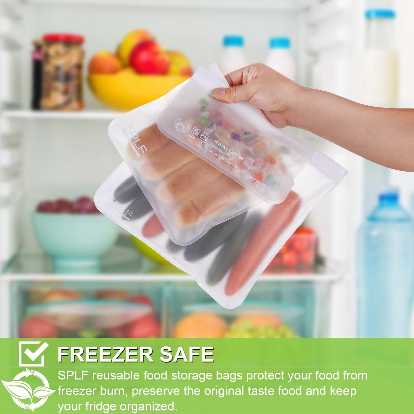 SPLF 10 Pack Dishwasher Safe Reusable Snack Bags, BPA Free Reusable Food Storage Freezer Bags Leakproof Silicone and Plastic Free Lunch Bags Fridge Home Organization